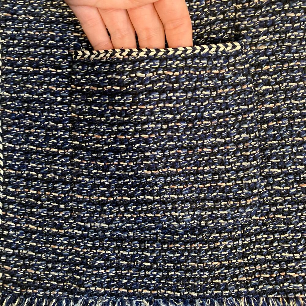 Talbots Sz 12 Airy Tweed Woven Jacket Open Front Fringe Trim Navy Classic - Picture 13 of 16